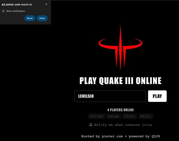 Screenshot of a browser window displaying a multiplayer game page with a form to add web notifications.
