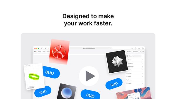 The image features a mockup of a landing page for Morflax Studio, showcasing various design elements and a central play button.
