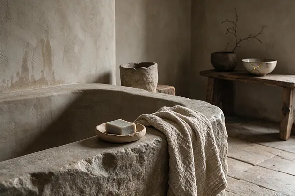 A serene Wabi-Sabi bathroom scene with a rough carved stone tub in the foreground, a small soap dish with a bar of soap, and a soft neutral towel draped over the edge. In the background, a rustic wooden bench holds simple ceramic bowls and a bare branch, with muted plaster walls and worn stone flooring completing the organic, minimalist atmosphere.