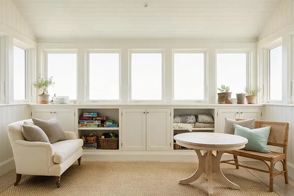 A bright coastal sunroom with white paneled walls, a row of large windows, and built-in cabinets below the windows. The room includes a cream armchair, a woven bench with pastel pillows, a round light wood table, and a textured natural rug, creating a calm and airy feel.