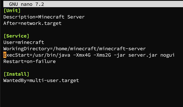 The image displays a configuration file for a Minecraft server using the nano text editor.