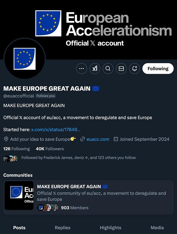 The image displays a social media profile for the European Accelerationism movement.