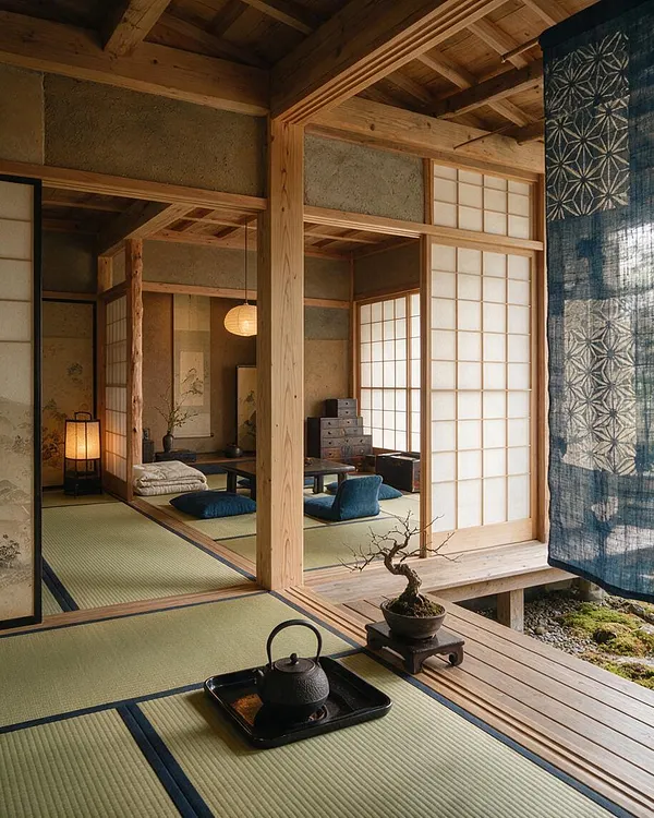 A serene Japanese Zen master bedroom with tatami mat flooring, shoji screen walls, exposed natural wood beams, and a low seating area with floor cushions. A black cast-iron teapot rests on a tray in the foreground, while a blue patterned textile panel hangs at the side, adding contrast to the warm wood and neutral tones.