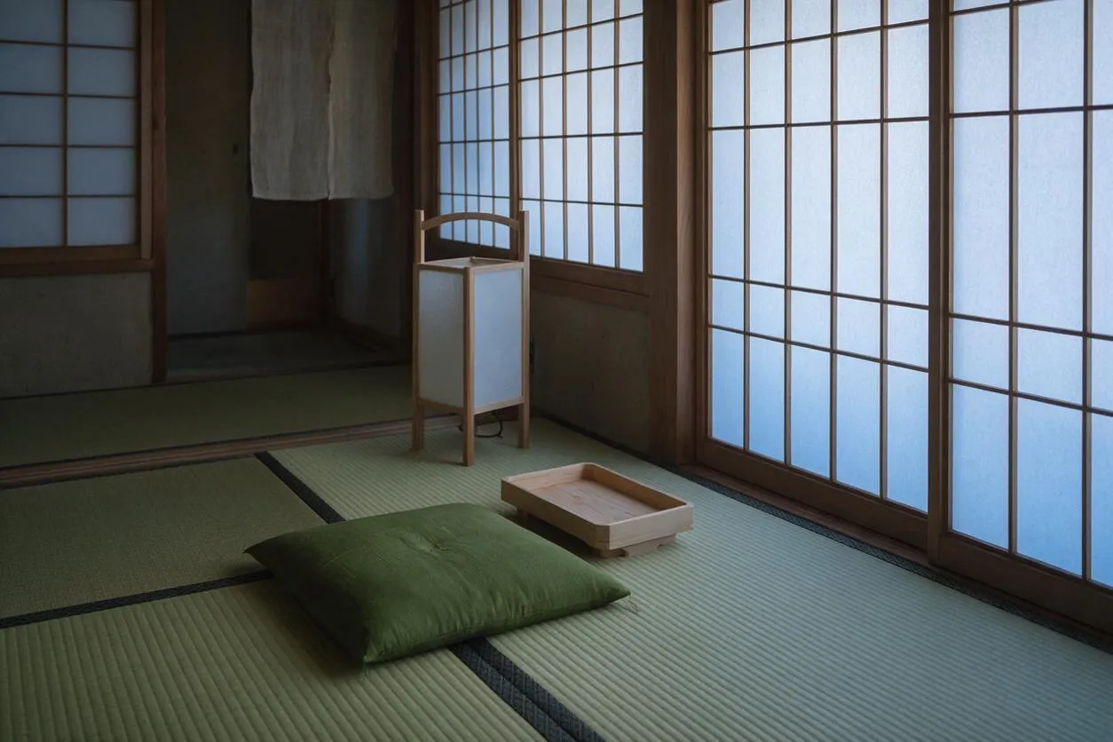 A quiet Japanese-style room with tatami mats, wooden shoji screens, and soft blue daylight filtering through frosted panels. A green floor cushion, a small wooden tray, and a slender paper lantern create a minimal, meditative Zen atmosphere.