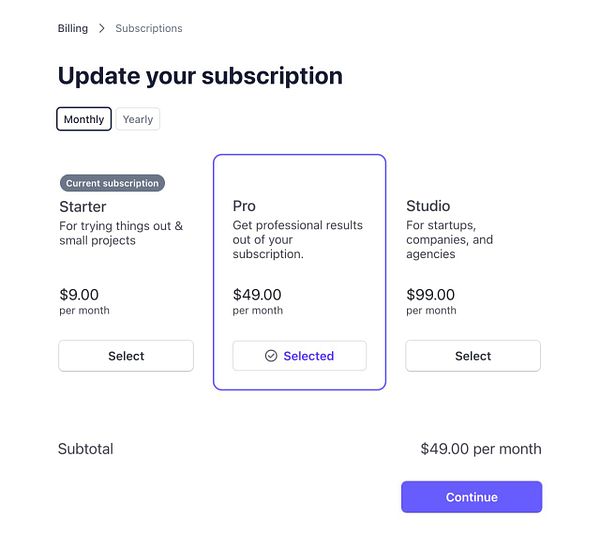 The image displays a subscription management interface for updating a user's plan.