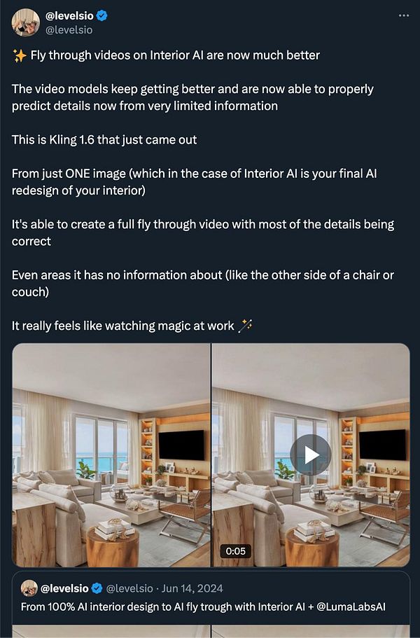A tweet showcasing the improved fly-through video capabilities of Interior AI with a side-by-side comparison of a living room design.