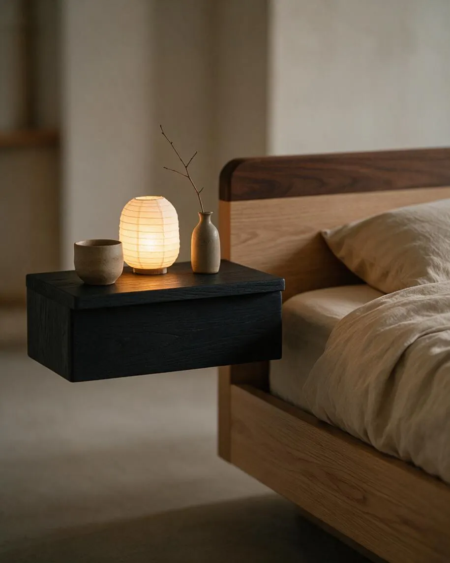 A Japandi-style bedroom vignette with a floating black wooden bedside shelf attached to a light oak bed frame. The shelf holds a softly glowing paper lantern, a small ceramic cup, and a slim vase with a bare branch, while neutral beige bedding and pillows create a calm, minimal atmosphere.