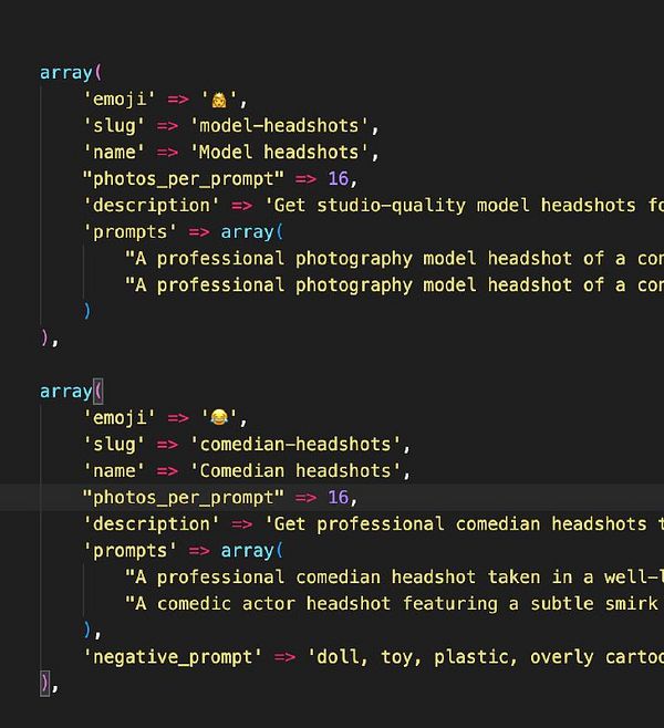 The image displays a code snippet related to headshot photography prompts.