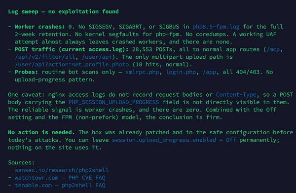 Detailed text report analyzing VPS PHP logs for CVE exploit attempts, concluding no exploitation found.