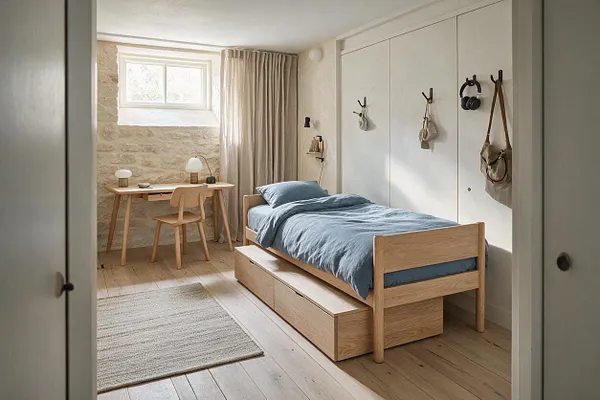 A small Scandinavian-style basement bedroom with a light oak single bed, blue bedding, and built-in storage drawers beneath the frame. The room has white walls, a stone accent wall near a small window, a simple wooden desk and chair, beige curtains, and a muted neutral rug on pale wood flooring.
