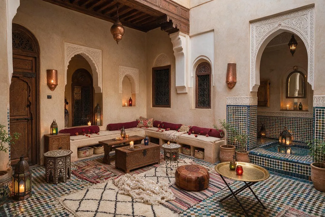 A Moroccan-style front porch with carved archways, ornate wood doors, and cream plaster walls accented by patterned tile. The space features built-in low seating with burgundy cushions, layered rugs, lanterns, and a small central table, creating a warm, intimate courtyard-like atmosphere.