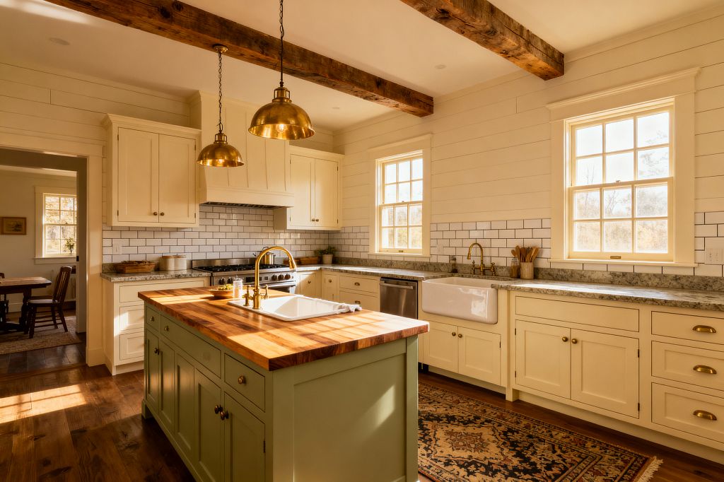 A warm farmhouse kitchen with cream Shaker cabinets, shiplap walls, and white subway tile with dark grout. Light gray stone countertops form an L-shaped layout with a white apron-front sink and a stainless dishwasher. At center, a sage-green island with a butcher-block top and a white sink sits under two brass dome pendants. Reclaimed wood ceiling beams, brass hardware and faucets, a patterned rug, and wide-plank wood floors complete the sunlit space.