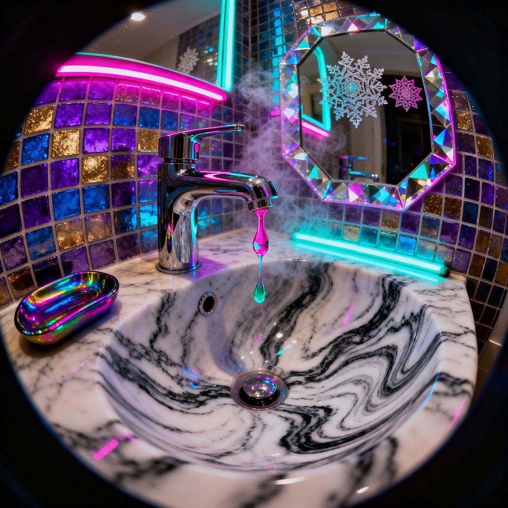 A close-up of a psychedelic-style bathroom vanity features a white marble basin with dramatic black swirls and a polished chrome faucet releasing a magenta-lit droplet amid a curl of steam. The wall is clad in small square glass mosaics in cobalt, purple, and gold. Cyan and hot-pink LED strips outline the backsplash and frame an octagonal prismatic mirror with snowflake decals, casting neon reflections across the sink and an iridescent metal soap dish.