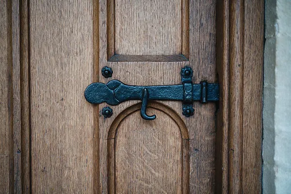 A close-up view of a medieval-style wooden door featuring vertical oak planks, carved panel detailing, and a dark wrought iron latch with a curved hook. The warm wood contrasts with the black metal hardware, creating a sturdy Gothic look.