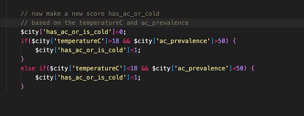 The image displays a code snippet for determining a score based on temperature and air conditioning prevalence.