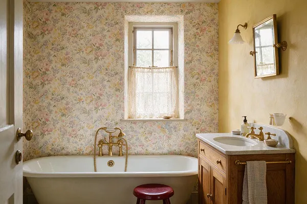 A cozy master bathroom with floral wallpaper, a white clawfoot-style bathtub under a small window with a lace curtain, and a wooden vanity with a white sink. Brass fixtures, a wall mirror, and a small red stool add vintage charm to the soft yellow and cream room.