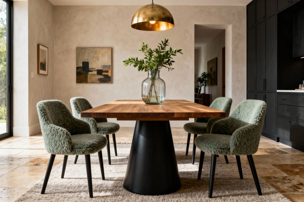 A contemporary dining room features a rectangular walnut table on a black conical pedestal set over a light textured rug. Four sage-green bouclé chairs with black legs surround the table, while a large brass dome pendant hangs above a clear glass vase with leafy branches. Natural light enters through a black-framed glass door, illuminating travertine tile floors, warm plaster walls, abstract art, and matte-black cabinetry with a pale countertop along the right side.
