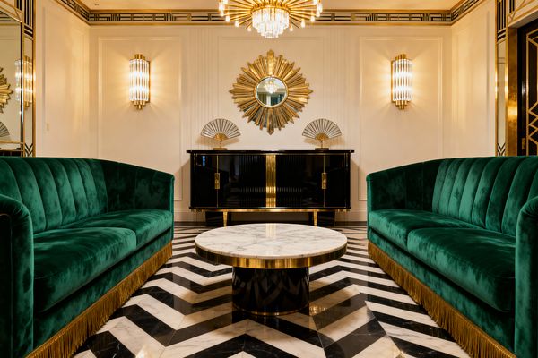 A symmetrical Art Deco living room features two emerald green velvet, channel-tufted sofas facing a round white marble coffee table with a brass rim and glossy black base. A black lacquered credenza with gold accents sits beneath a gold sunburst mirror, flanked by ribbed-glass brass sconces and fan sculptures; black-and-white chevron marble flooring, cream paneled walls, mirrored details, and a crystal-and-brass chandelier complete the glamorous scene.