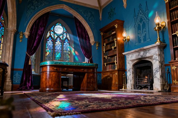 A richly detailed Victorian home office features tall lancet stained-glass windows with moonlight and jewel-toned panes, framed by deep purple velvet drapes. A polished mahogany pedestal desk with a teal tooled-leather top sits on a Persian-style rug, while blue stenciled walls, built-in wood bookcases with brass fittings, and a white-veined marble fireplace with a cast-iron grate complete the room under warm brass wall sconces.