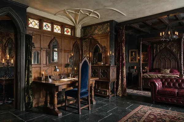 A dramatic Gothic-style studio apartment with dark wood paneling, pointed arch details, stained-glass windows, and a carved four-poster bed. A wooden desk with a blue velvet chair sits beside a red leather sofa, while candle sconces, chandeliers, and heavy patterned drapes create a moody, historic atmosphere.