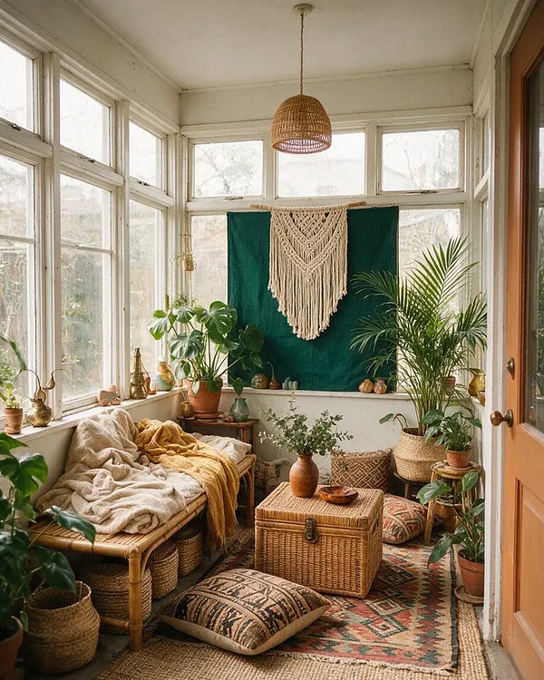 A bright sunroom with large white-framed windows, a woven pendant light, and a teal fabric backdrop topped with a macramé wall hanging. The space is filled with potted plants, rattan furniture, textured cushions, woven baskets, and layered patterned rugs in warm earthy tones.