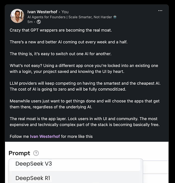 The image features a LinkedIn post discussing the implications of GPT wrappers in the AI landscape.