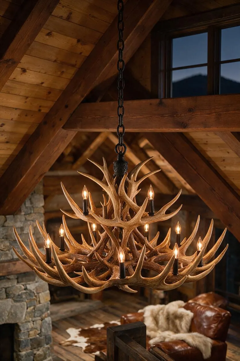 A rustic lodge interior with a dramatic chandelier made from antlers and candle-style bulbs hanging from a dark chain beneath exposed timber beams. Below, a leather armchair with a fur throw sits on a wood floor near a stone fireplace, with a window framing the dark outdoor view.