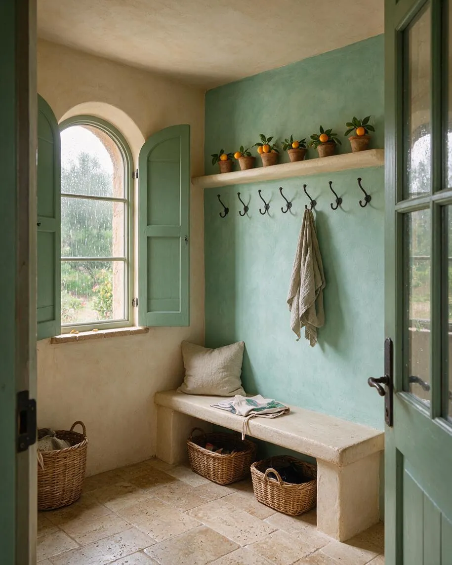 A Mediterranean-style mudroom with textured plaster walls, mint-green shutters, and an arched window bringing in soft daylight. The room includes a built-in stone bench, black metal coat hooks, wicker baskets on the floor, and terracotta pots with orange trees on a ledge above.