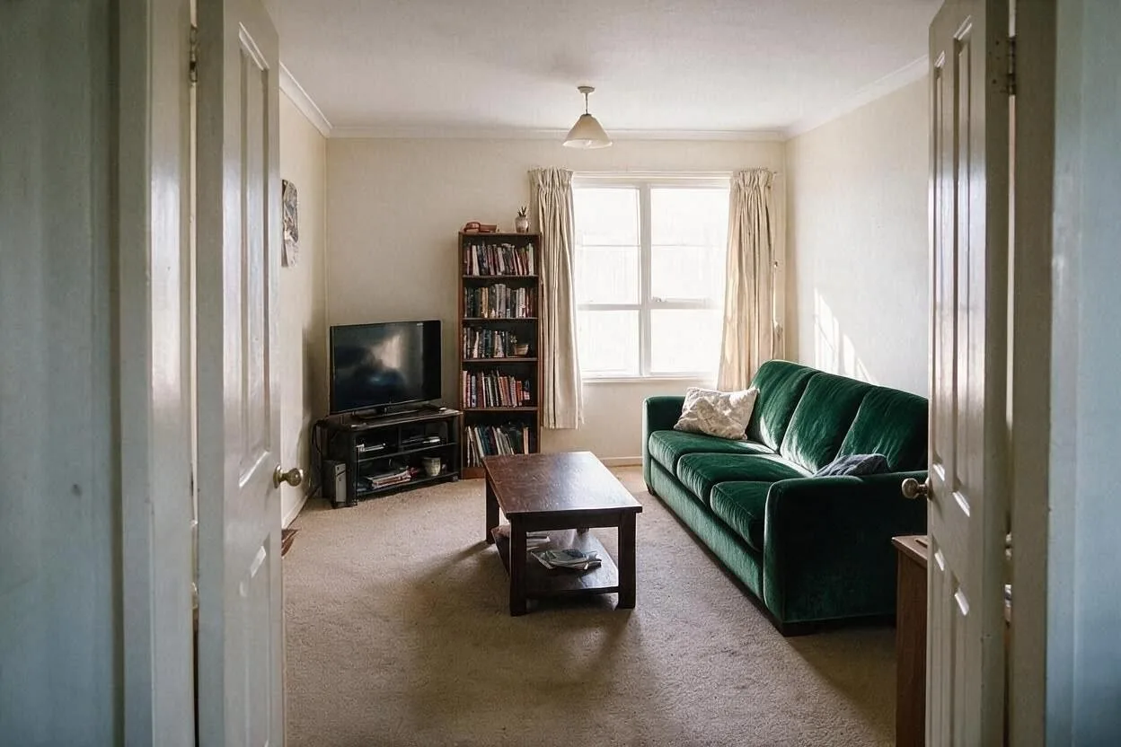 The same room after: Swap the sofa for a dark green velvet one.