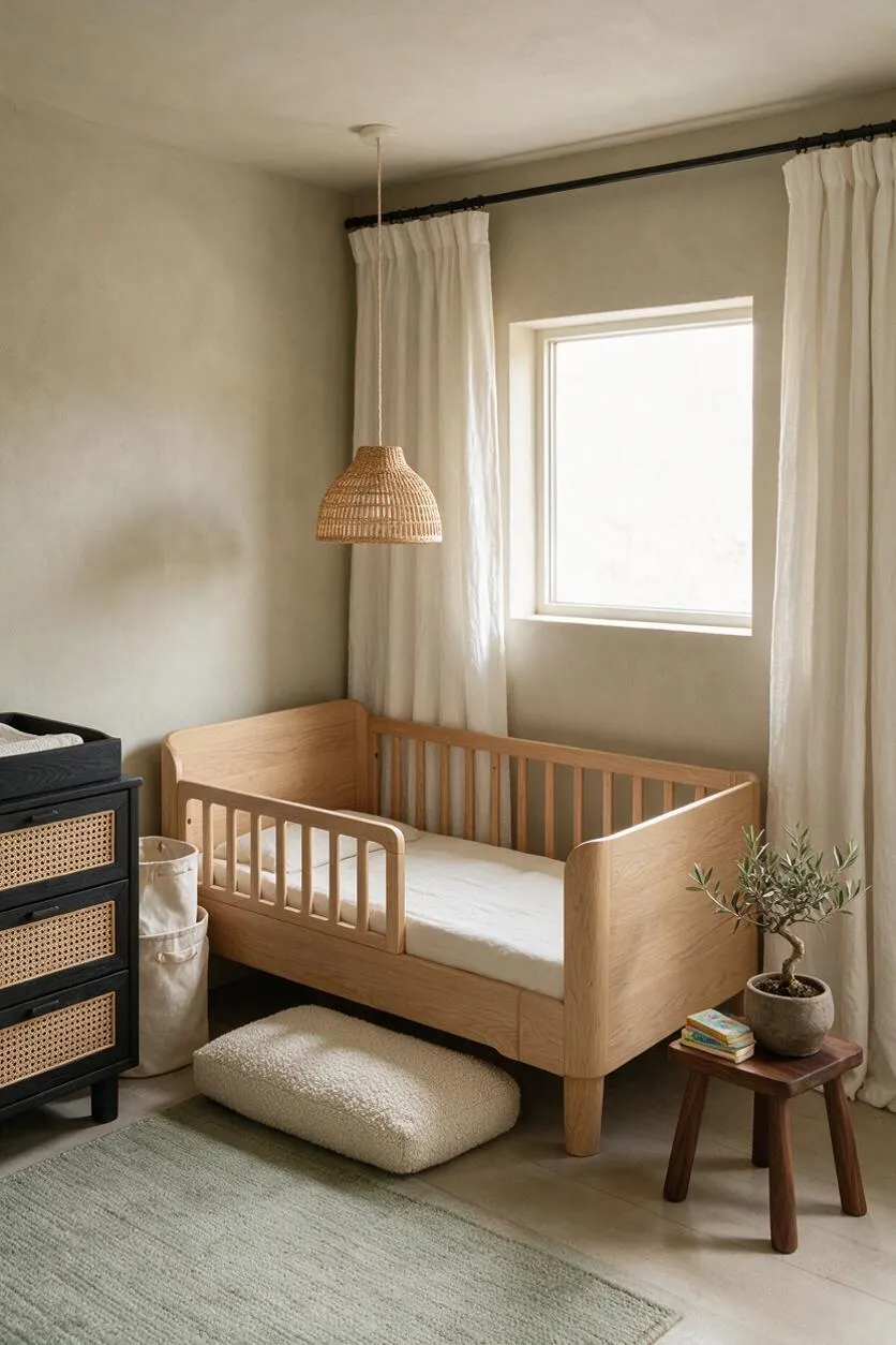 A calm kids' room with a light oak crib centered beneath a bright window dressed in cream curtains. A woven pendant light hangs overhead, while a black rattan-front dresser, soft textured rug, floor cushion, and small wooden side table with a potted plant complete the cozy Japandi look.