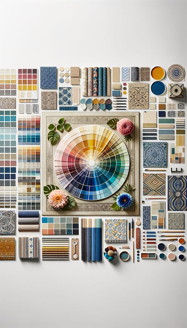 A mood board showcasing a range of coordinated colors, textures, and patterns that visually represent a cohesive colour palette for an interior design project.