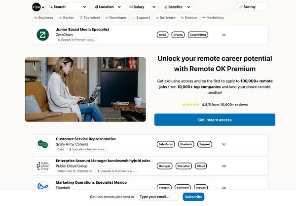 The image displays a job listing interface for remote positions on the Remote OK website.