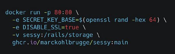 Screenshot of a terminal window showing a command to run Sessy locally with Docker Compose.
