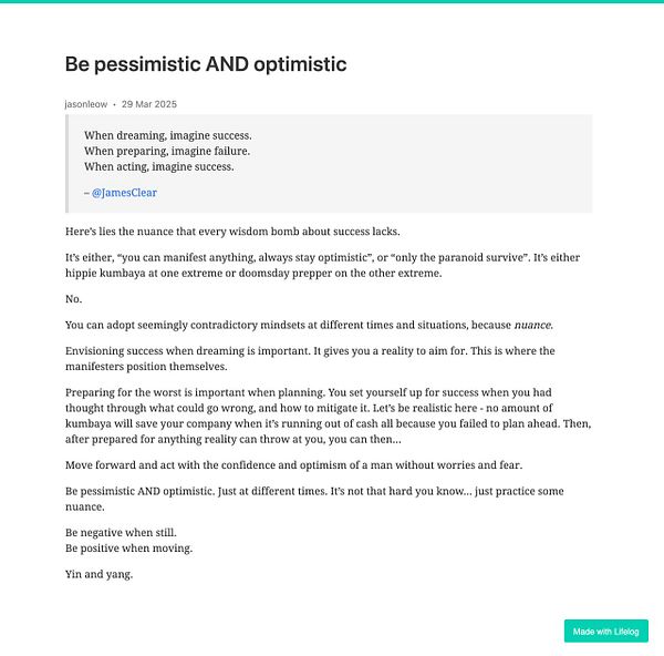 A motivational post discussing the balance between pessimism and optimism in achieving success.