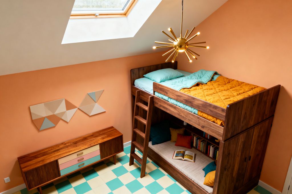 A mid-century modern kids’ room with peach walls and a sloped ceiling features a wood-framed skylight and a brass sputnik chandelier. A walnut bunk bed with ladder incorporates a cushioned reading nook and built-in bookshelves below, teal bedding and a mustard quilt on the top bunk, a matching walnut credenza with pastel drawers to the left, geometric wall art above, and a mint-and-cream checkerboard floor tying the palette together.