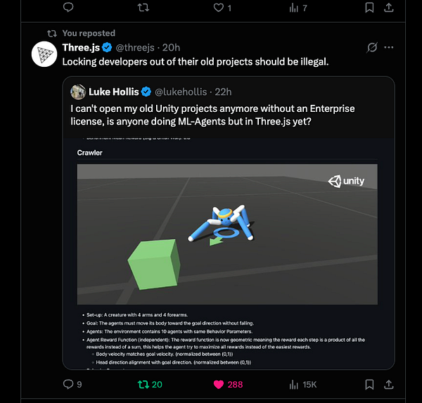 A Twitter post discussing the challenges of using Unity and exploring alternatives in Three.js for ML-Agents.