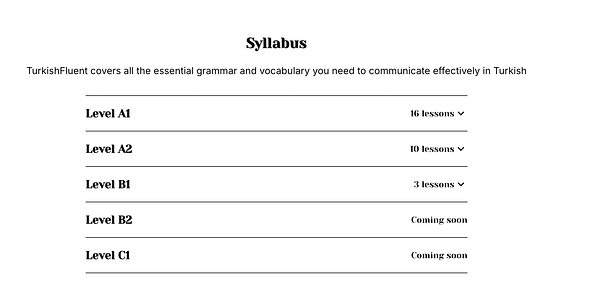 The image displays a syllabus for the TurkishFluent language program, outlining various levels of lessons available.