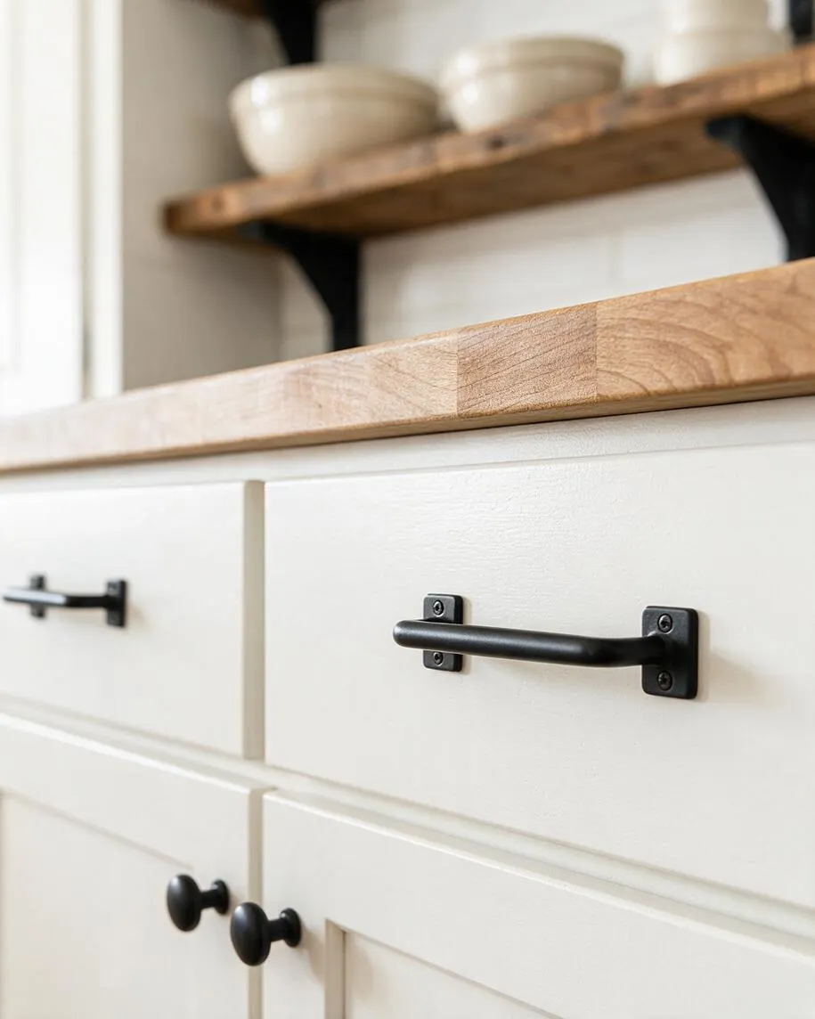 A close-up view of white farmhouse-style cabinet doors with black matte metal pulls and round knobs. A thick natural wood countertop sits above the cabinetry, with open wooden shelving and cream ceramic bowls visible in the softly blurred background.