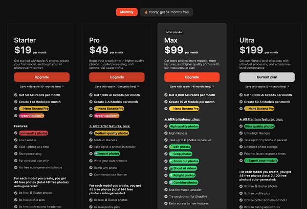 Screenshot of a web page showing a pricing table comparison between Stripe and a custom pricing page with upgrade links and interface details.