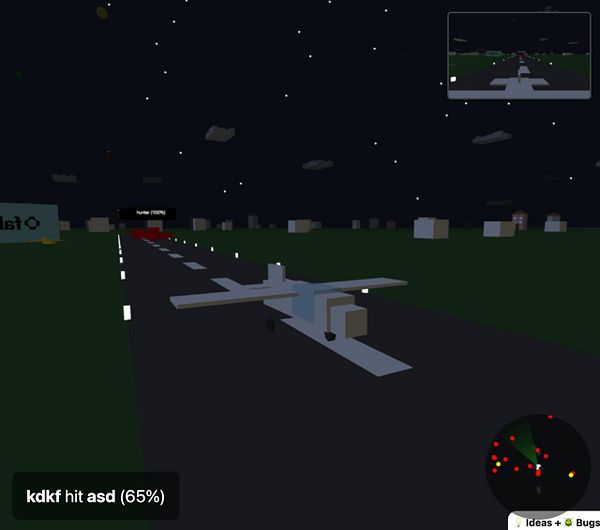 A 3D rendering of a runway scene at night featuring a simple aircraft and various UI elements.