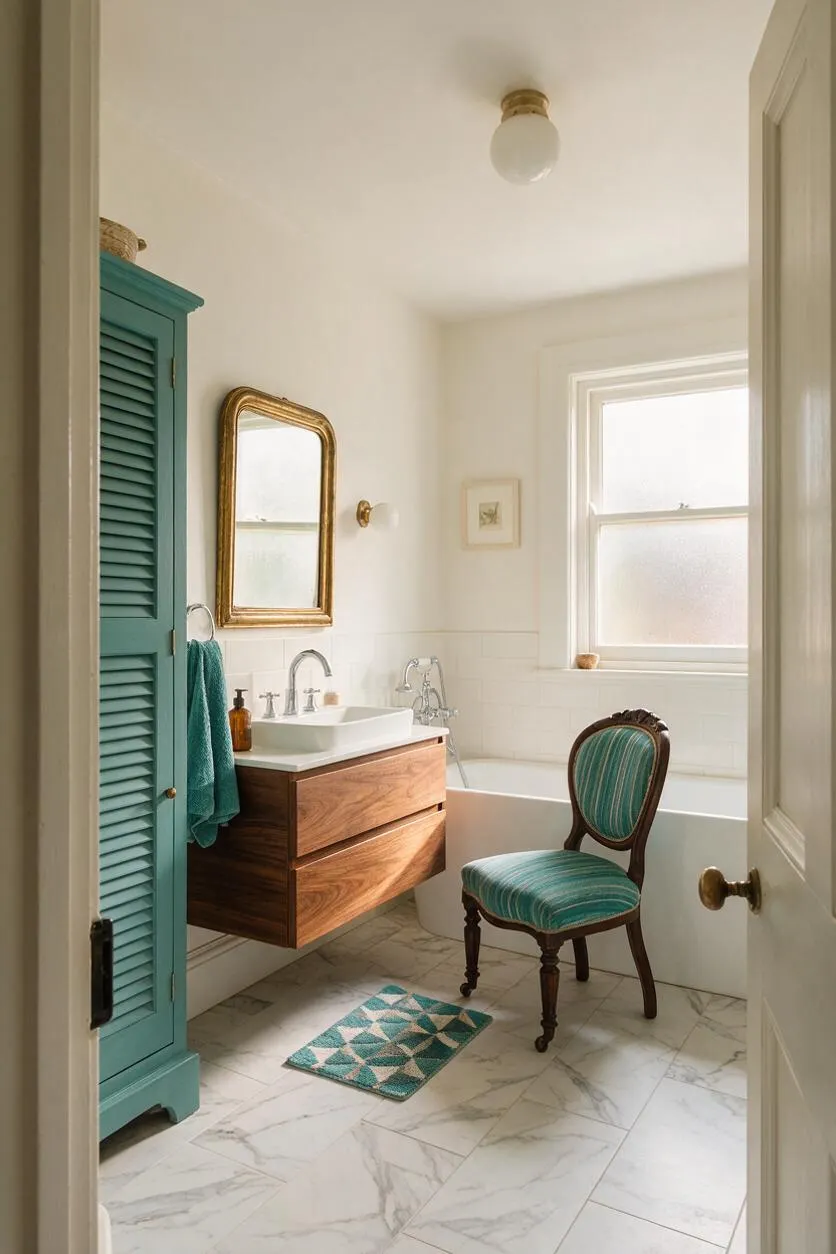A bright master bathroom with white walls and marble-look floor tiles features a floating wood vanity with a white sink, a gold-framed mirror, and a teal louvered cabinet. A vintage upholstered chair in matching teal stripes sits beside a white bathtub under a frosted window, creating an eclectic mix of old and new.