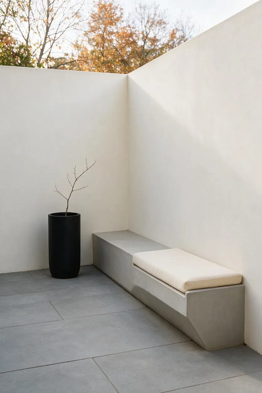 A minimalist outdoor courtyard with smooth white stucco walls, large gray stone pavers, a built-in concrete bench with a cream cushion, and a tall black planter holding a bare branch. Soft natural light and autumn trees above the wall create a calm, sparse atmosphere.