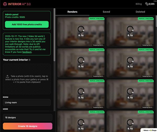 The image displays a user interface for an interior design application showing photo processing status.