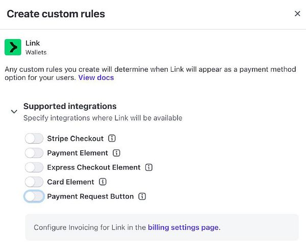 The image displays a user interface for creating custom rules for the Link payment option in a payment processing system.