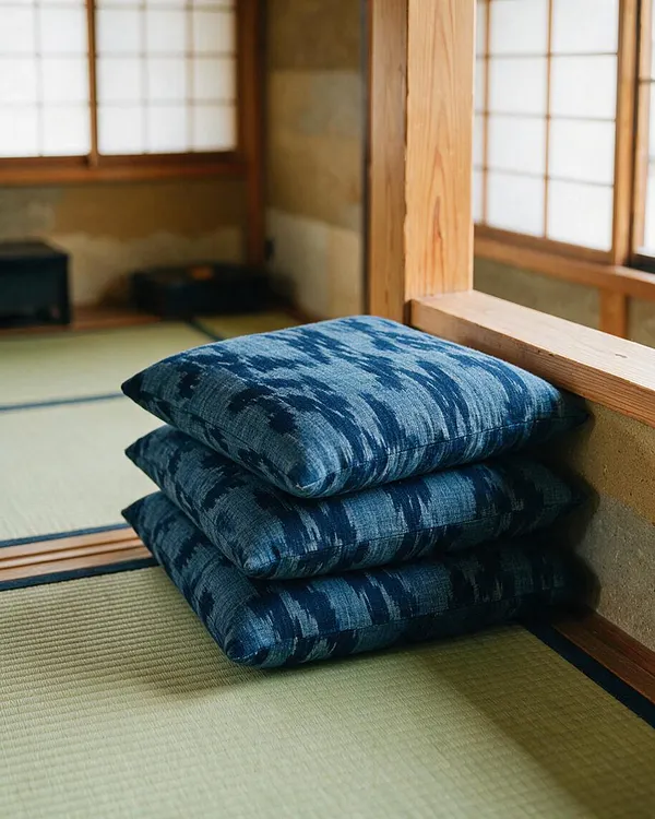A stack of three indigo blue floor cushions sits on a tatami mat floor beside a light wood post and shoji-style windows. The room has a calm Japanese Zen feel with soft natural light, textured woven flooring, and warm wood accents.