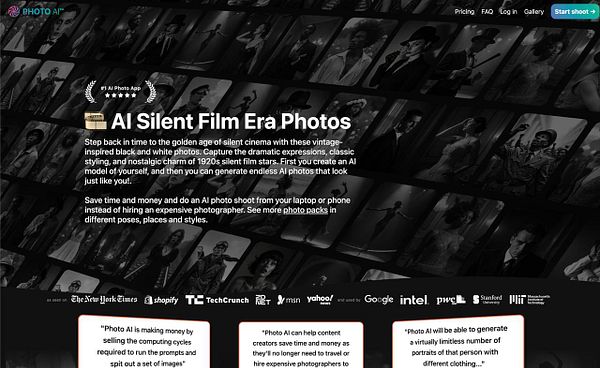 The image promotes an AI photo app that generates vintage-style silent film era photos.