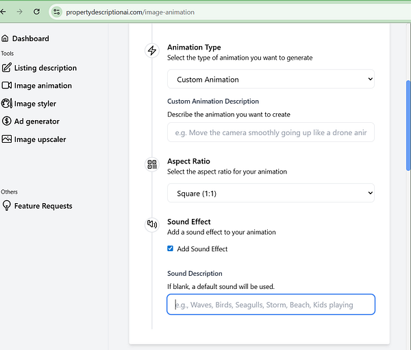 The image displays a user interface for creating custom animations with options for animation type, aspect ratio, and sound effects.