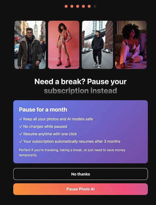 The image presents a subscription pause offer for a photo AI service, featuring a visually appealing layout with user-friendly options.