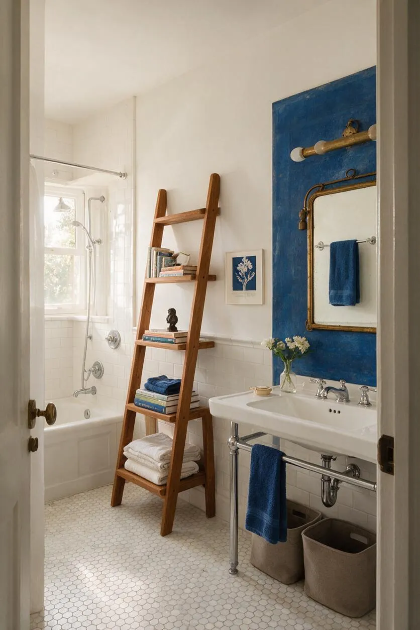 A bright master bathroom with a white tub and shower combination on the left, a wooden ladder shelf in the center, and a pedestal sink on the right. A bold cobalt blue accent wall frames a brass-edged mirror above the sink, while white tile, hexagon floor tiles, and blue towels add a clean, layered eclectic look.