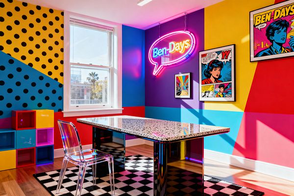 A vibrant home office with color‑blocked walls in yellow, red, purple, blue, and cyan, including a yellow wall patterned with black dots. A terrazzo desk with mirrored legs stands on a black‑and‑white checkerboard rug beside a clear acrylic chair. A neon speech‑bubble sign reading “Ben‑Days” glows above framed comic‑style artwork. A white‑trimmed window brings daylight onto light wood floors and modular cube storage in red, yellow, blue, and pink.